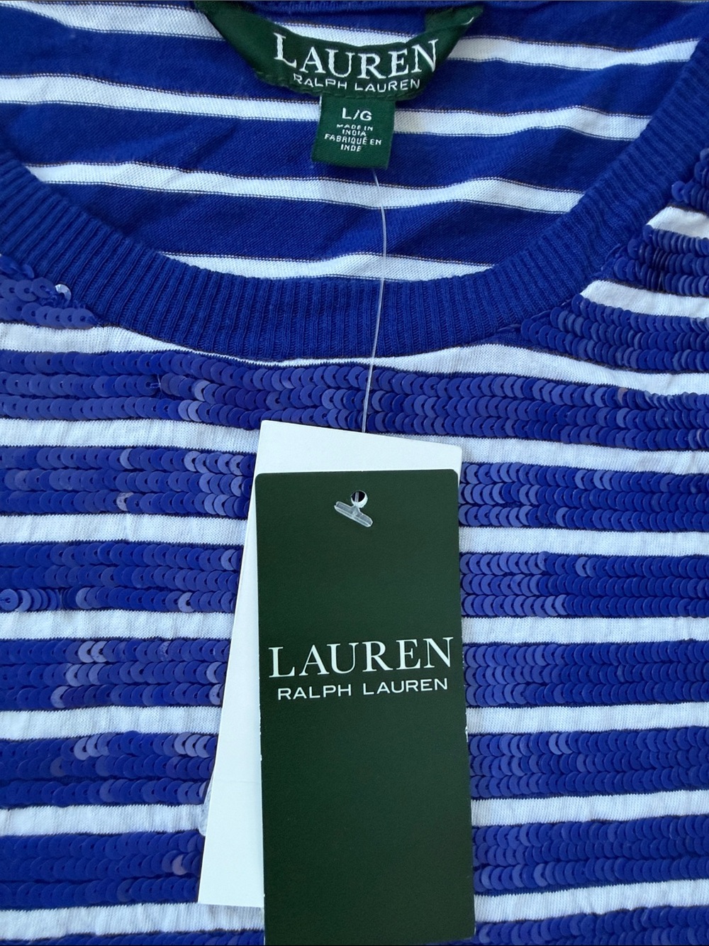 Lauren Ralph Lauren Blue & White Striped Short-Sleeve Tee. Pit to pit 21 1/2” - Picture 2 of 3